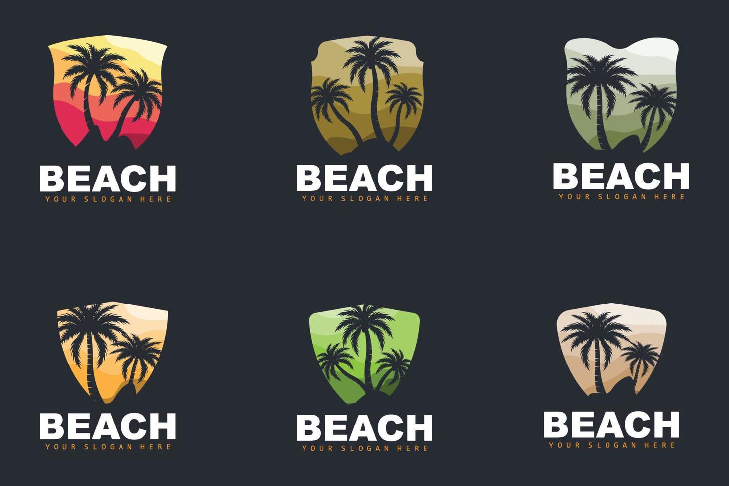 Coconut Tree Logo With Beach Atmosphere, Beach Plant Vector, Sunset View Design vector