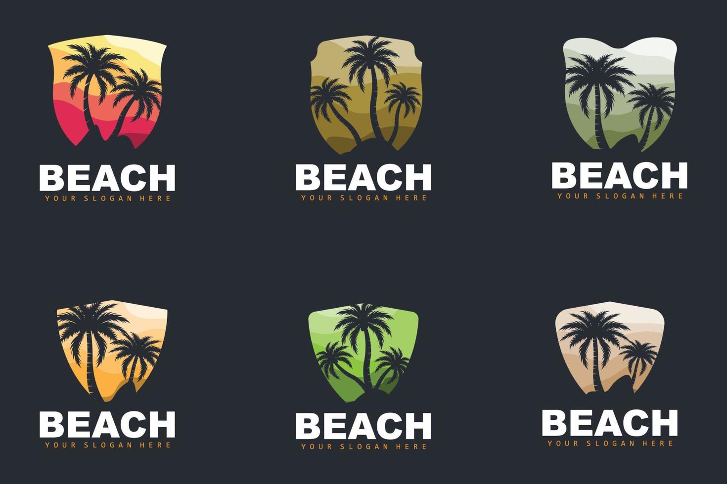 logo de árbol de coco con ambiente de playa, vector de planta de playa, diseño de vista de puesta de sol