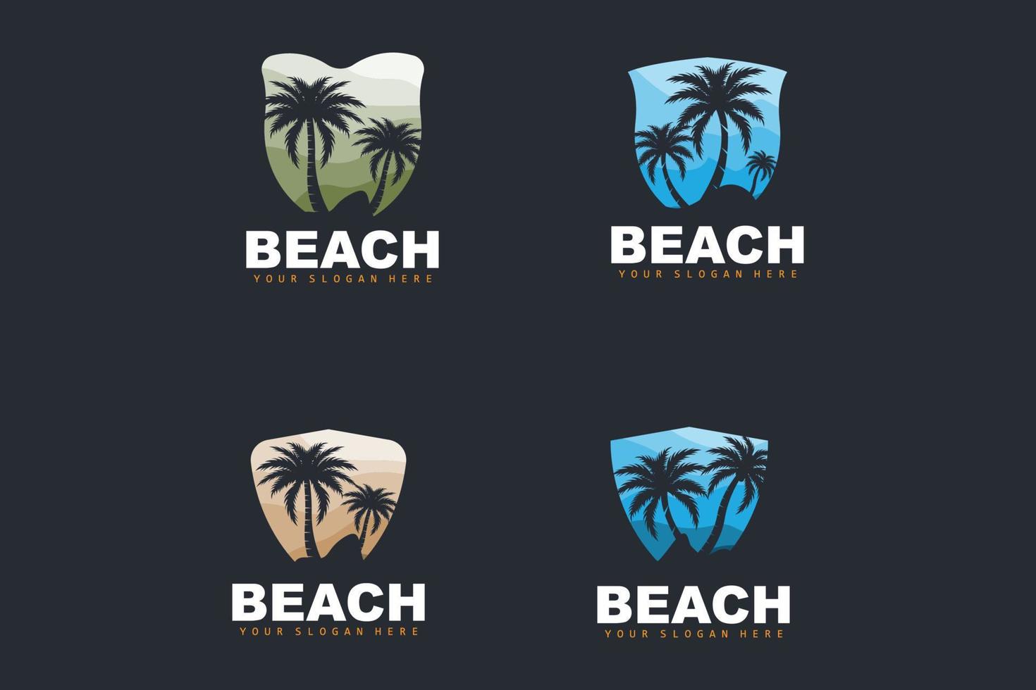 logo de árbol de coco con ambiente de playa, vector de planta de playa, diseño de vista de puesta de sol