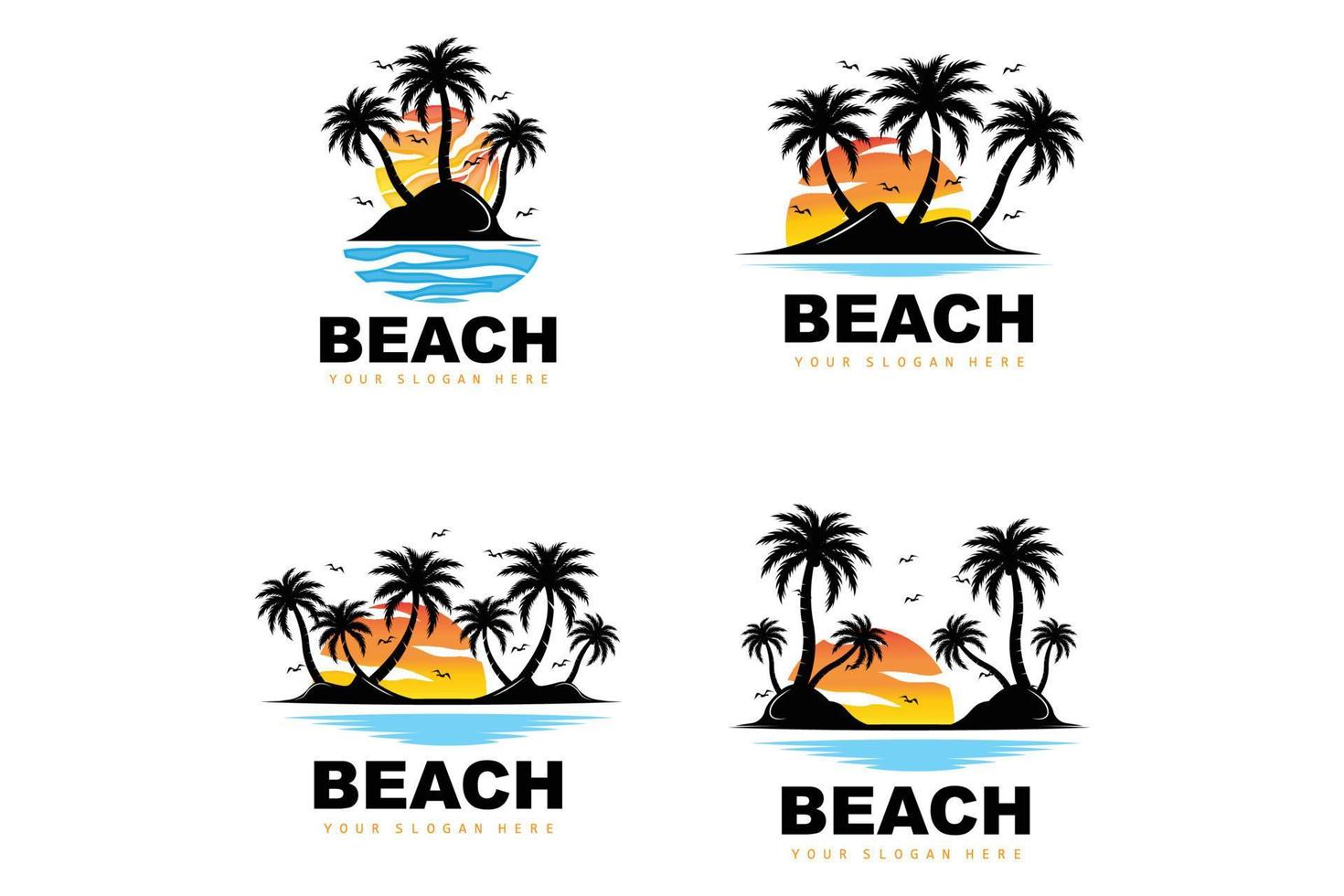 logo de árbol de coco con ambiente de playa, vector de planta de playa, diseño de vista de puesta de sol