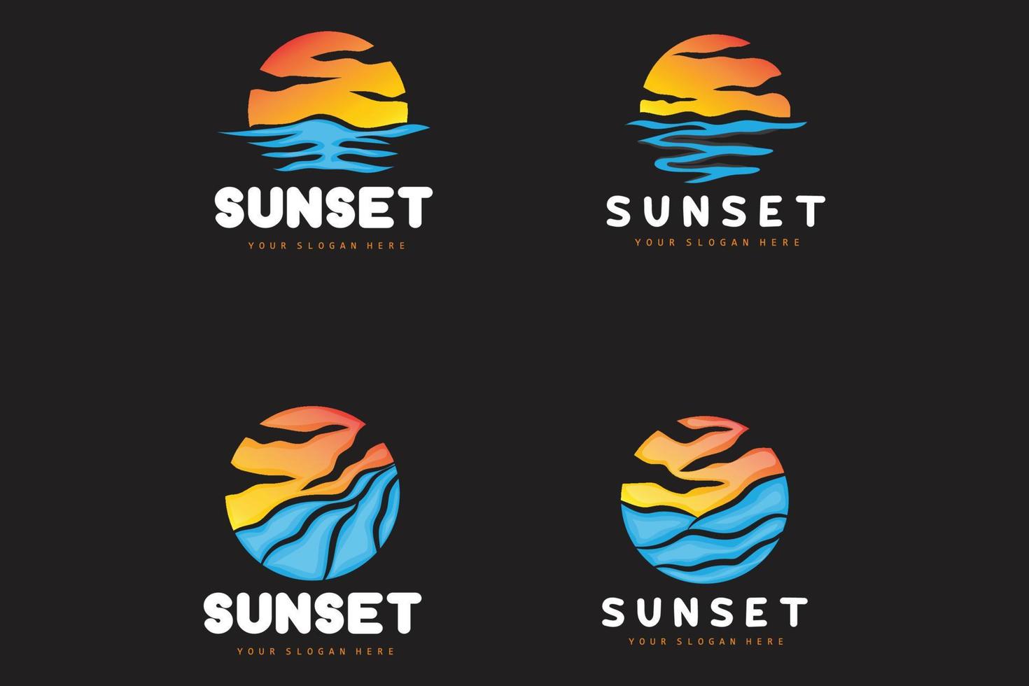 logotipo de puesta de sol, diseño de playa, ilustración de río y sol, vector disfrutando del crepúsculo