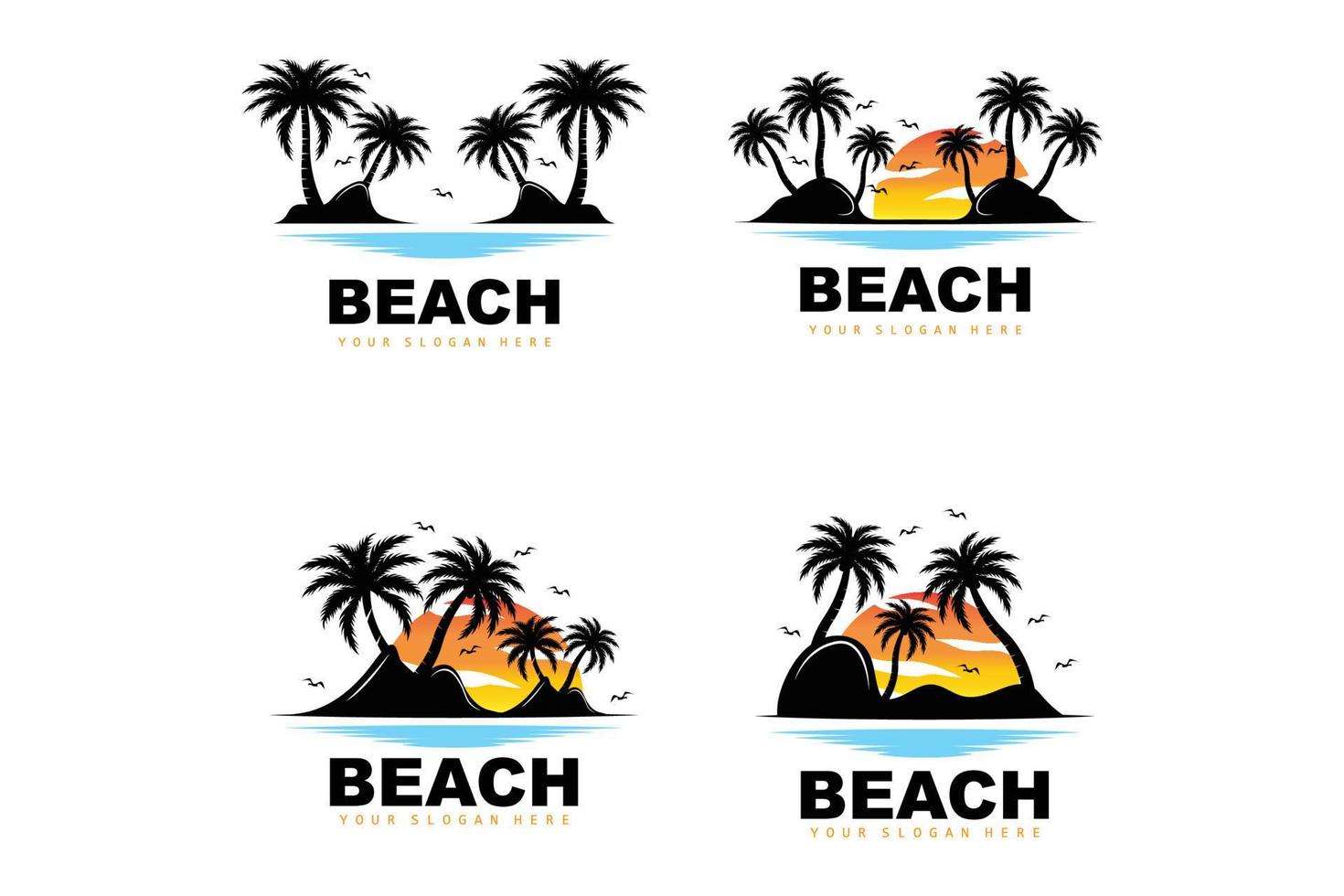 logo de árbol de coco con ambiente de playa, vector de planta de playa, diseño de vista de puesta de sol