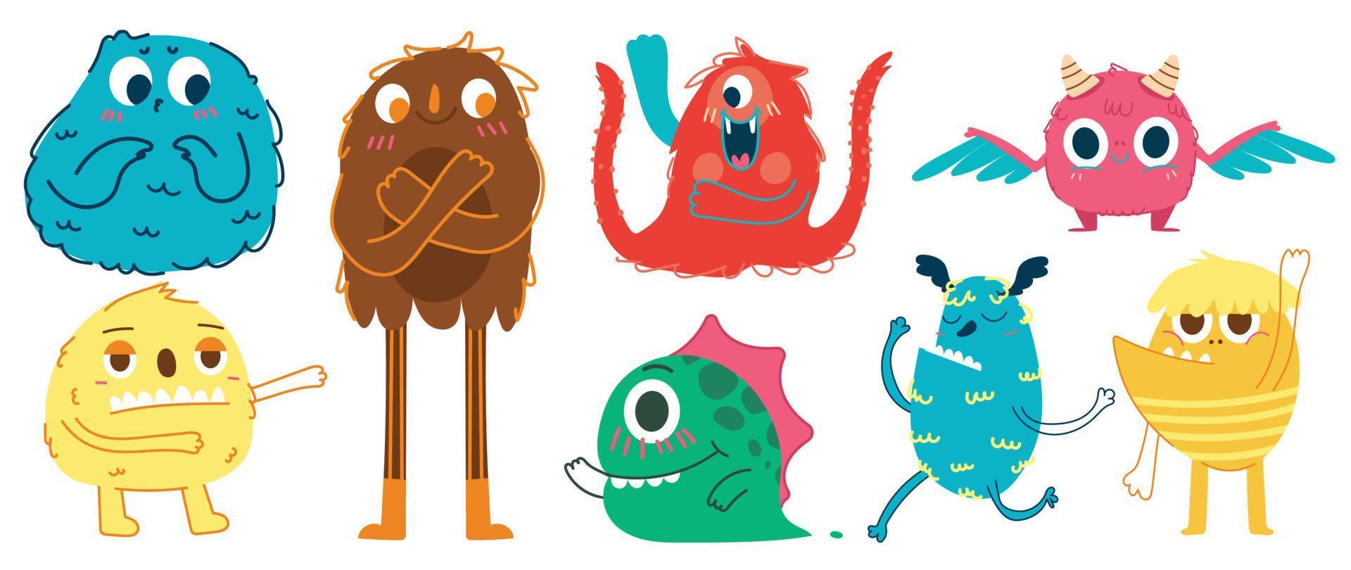 Cute and Kawaii monster icon set. Collection of cute hand drawn cartoon monster in different playful characters. Funny devil, alien, demon and creature flat. Design for kids, comic, education. vector