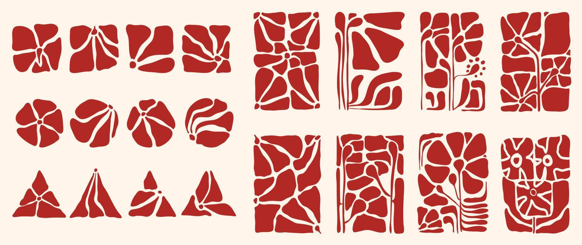 Set of abstract organic shapes inspired by matisse. Contemporary aesthetic vector element in groovy doodle floral art red color geometric shape. Retro hippie style for logo, decoration, print, cover.