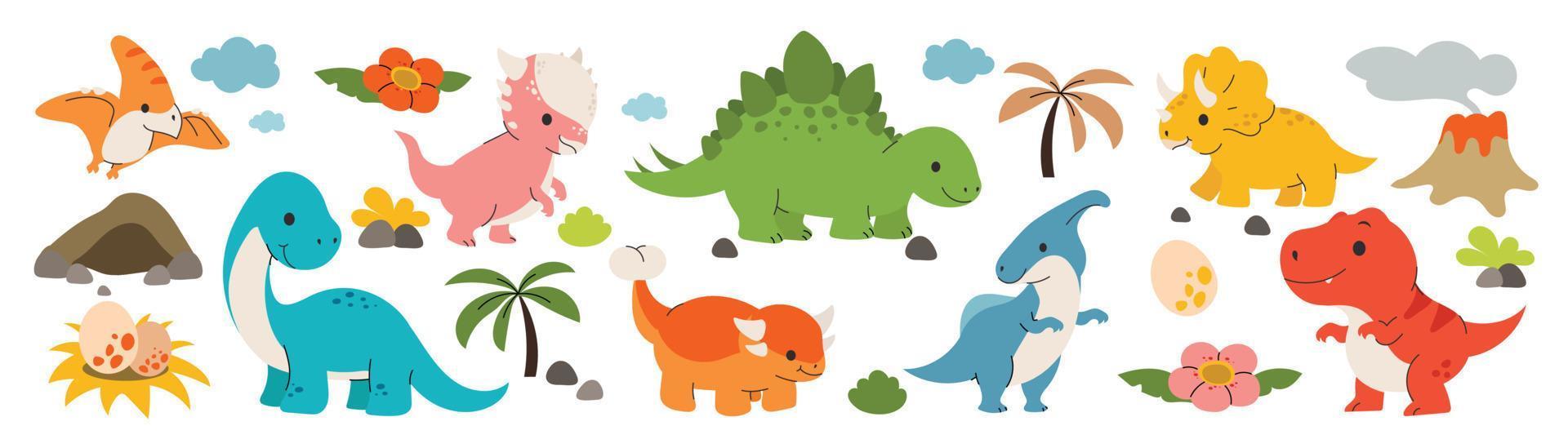 Cute dinosaurs vector set. Hand drawn doodle triceratops, stegosaurus, tyrannosaurus, diplodocus, pterosaur. Dinosaur comic character design for kids, print, clothes, poster, education, edutainment.