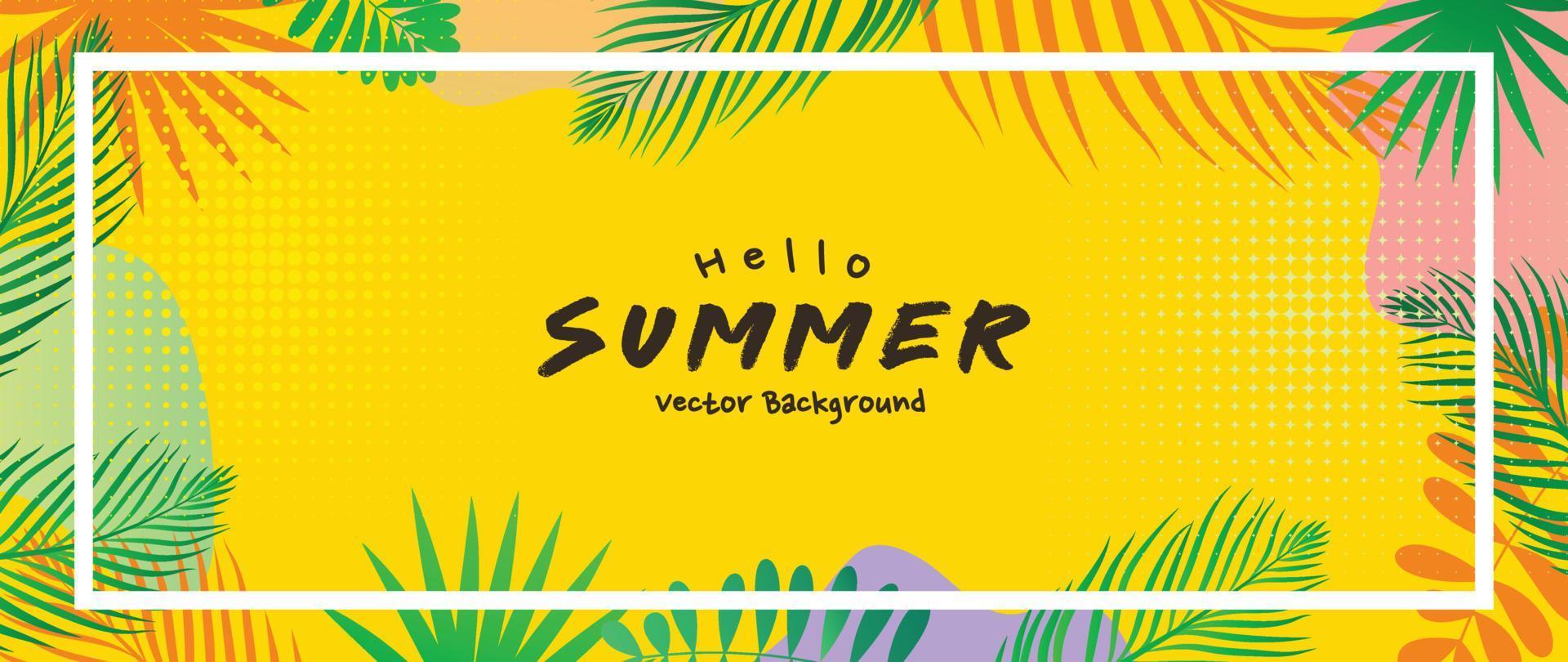 Hello Summer background vector. Colorful vibrant wallpaper with tropical jungle exotic plants, palm leaves, halftone texture. Happy summertime design for poster, cover, banner, ads, social media. vector