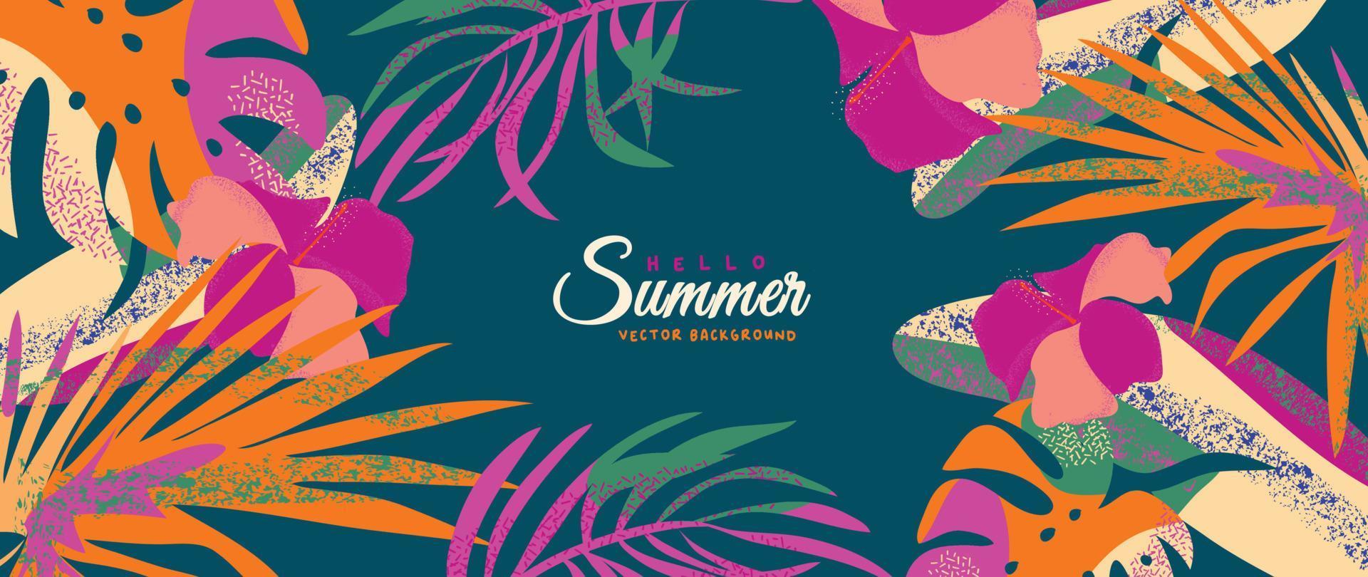 Summer tropical jungle green background vector. Colorful botanical with exotic plants, hibiscus, monstera, palm leaves, grunge texture. Happy summertime illustration for poster, cover, banner, prints. vector