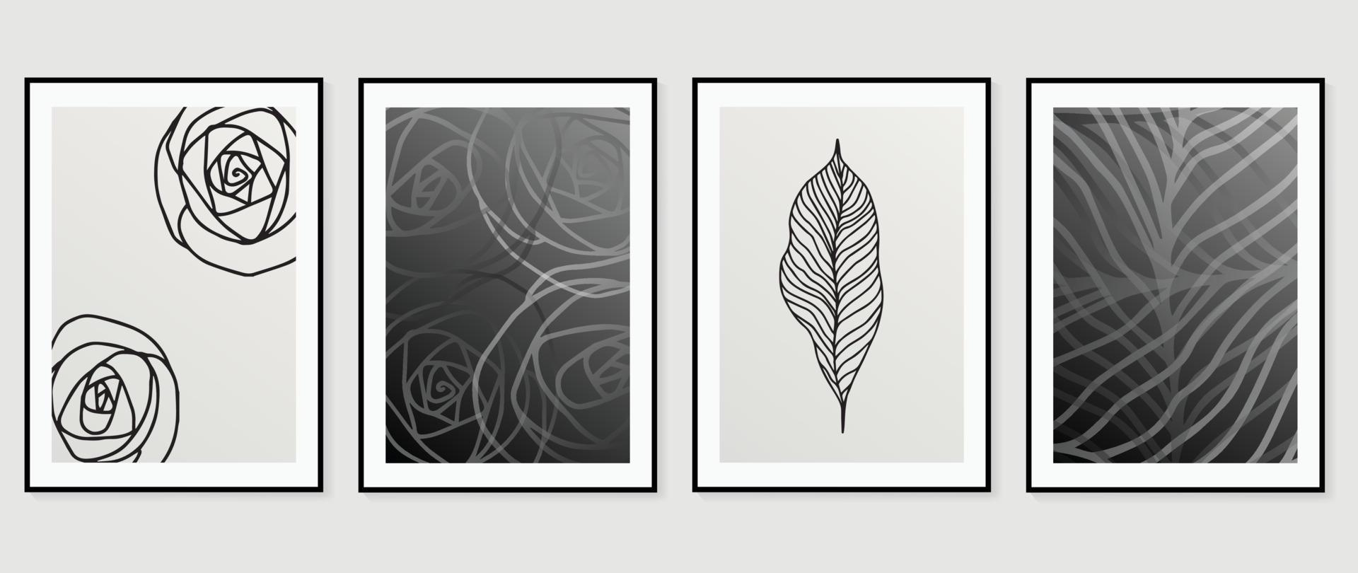 Abstract wall art background vector set. Botanical leaves drawing lines contour with black and white monochrome texture. Design illustration for home decoration, cover, poster, banner, wallpaper.