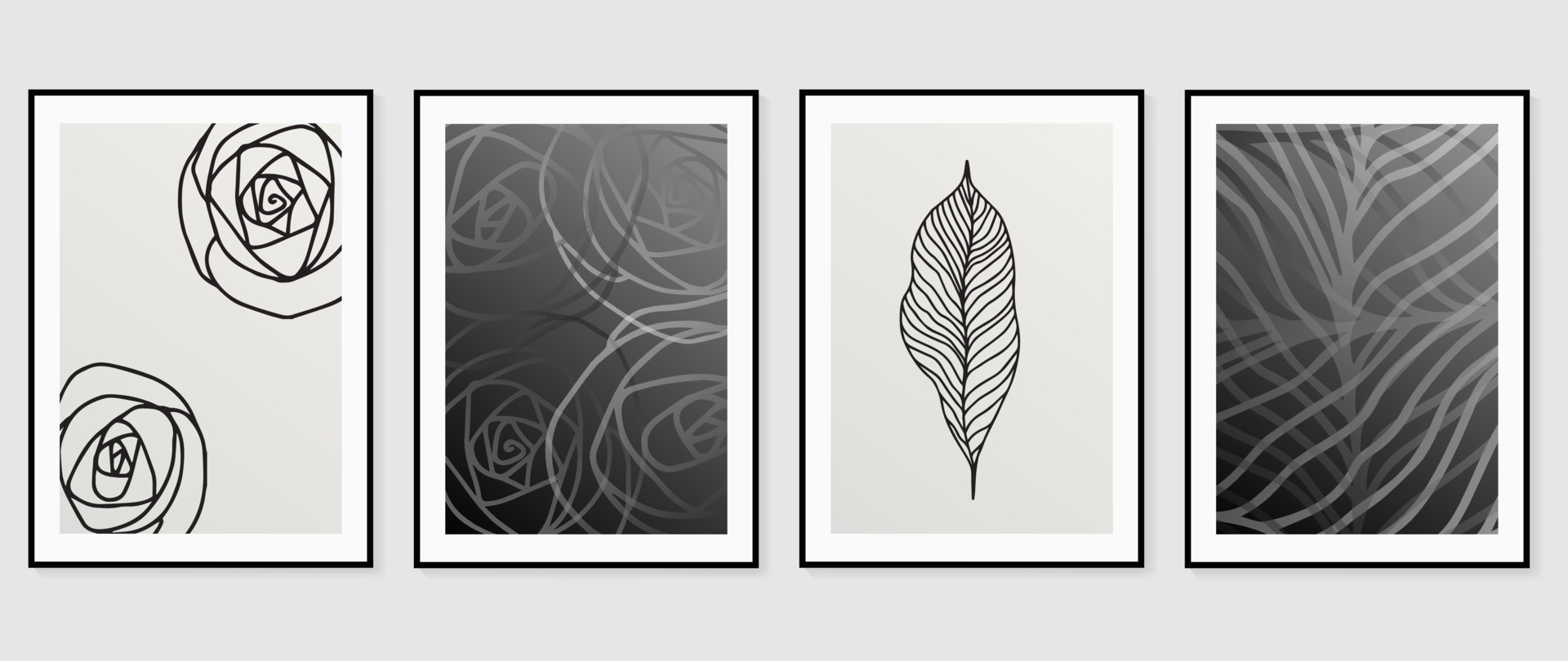 Abstract wall art background vector set. Botanical leaves drawing lines