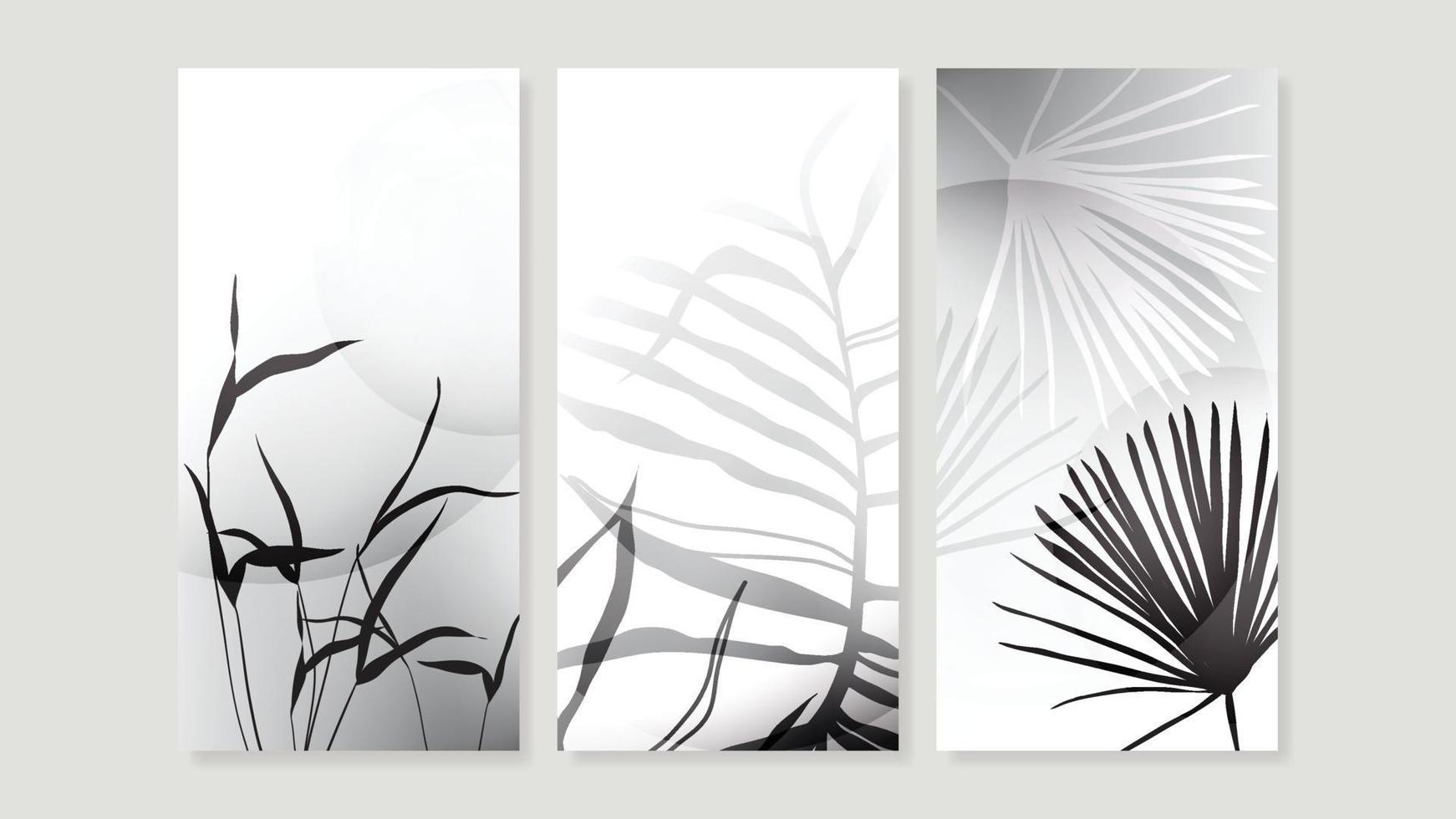 Abstract wall art background vector set. Botanical jungle palm leaf lines with black and white monochrome, silhouette texture. Elegant design for home decoration, cover, poster, banner, wallpaper.