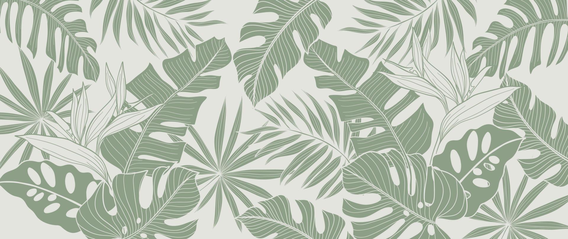 tropical hojas antecedentes vector. natural selva monstera palma hojas diseño en mínimo pálido verde color con contorno línea Arte estilo. diseño para tela, imprimir, cubrir, bandera, decoración, fondo de pantalla. vector