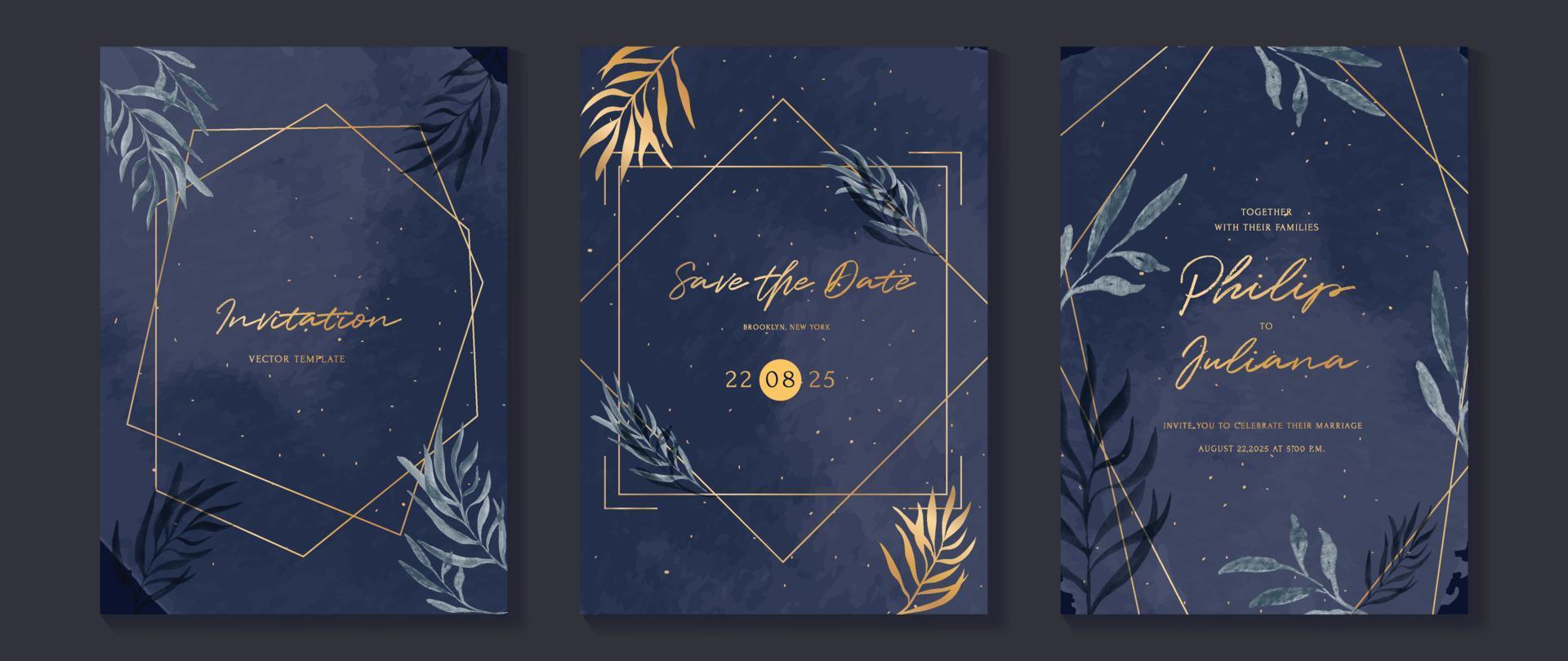 Luxury wedding invitation card background vector. Golden geometric frame with watercolor botanical leaf branch and golden snow texture. Design illustration for wedding and vip cover template, banner. vector