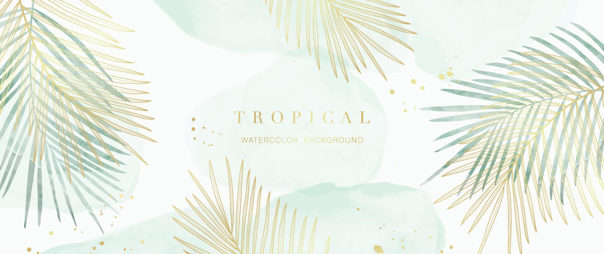 Tropical foliage watercolor background vector. Summer botanical design with gold line art, palm leaves, green watercolor texture. Luxury tropical illustration for banner, poster, web and wallpaper. vector