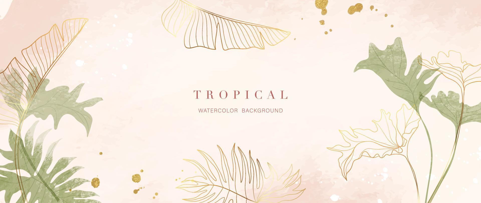 Tropical foliage watercolor background vector. Summer botanical design with gold line art, monstera, palm, watercolor texture. Luxury tropical jungle illustration for banner, poster and wallpaper. vector