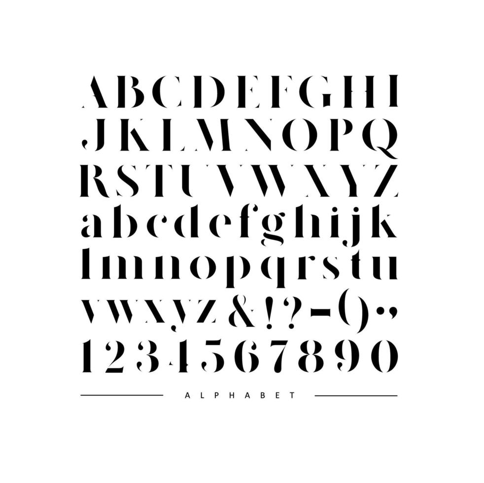 Poster stylish alphabet. Uppercase, lowercase letters and numbers drawing on white color background. vector