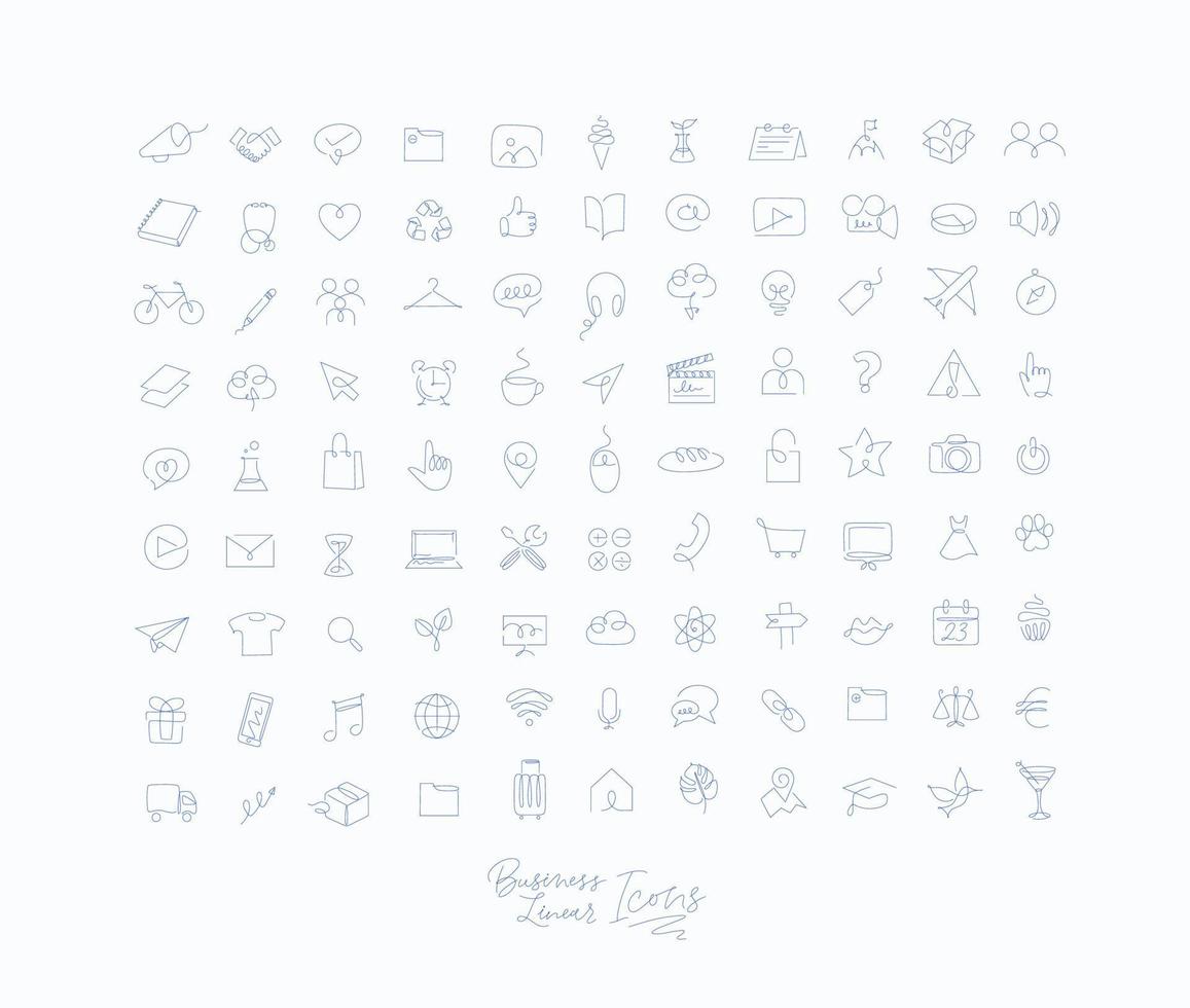 Minimalist linear icons for business drawing with blue lines on white background. vector