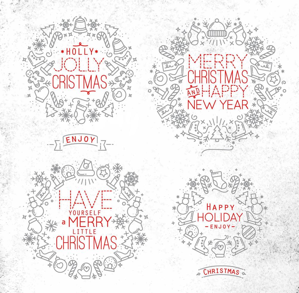 Christmas decorative symbols for winter holidays in flat style, drawing with grey and red lines on dirty paper vector