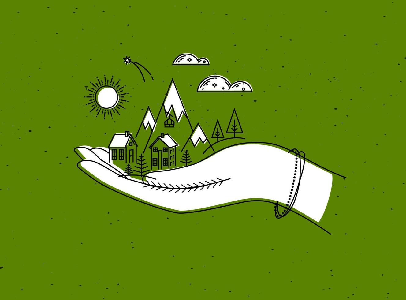 Christmas poster with hand, mountains, sun, cloud, home, trees drawing in graphic style on green background vector