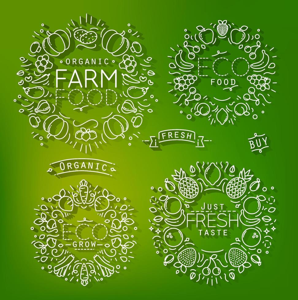Decorative elements on Farm theme in flat style, drawing with grey lines on green background vector