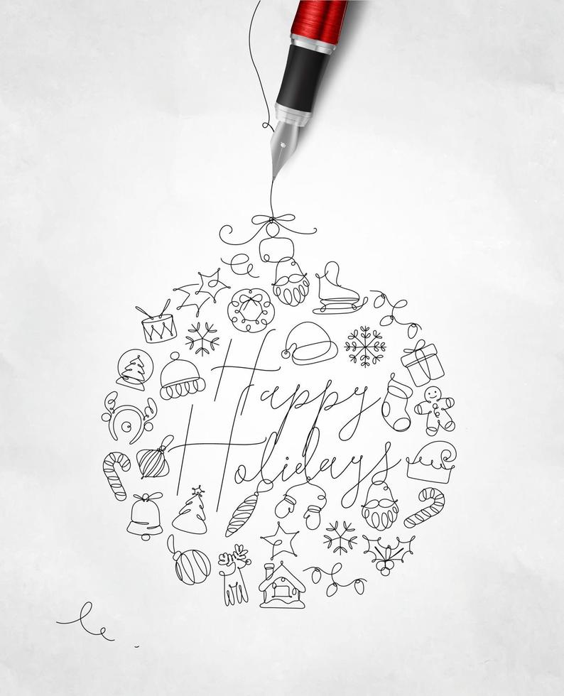 Christmas tree toy ball lettering happy holidays drawing with pen line on crumpled paper background vector