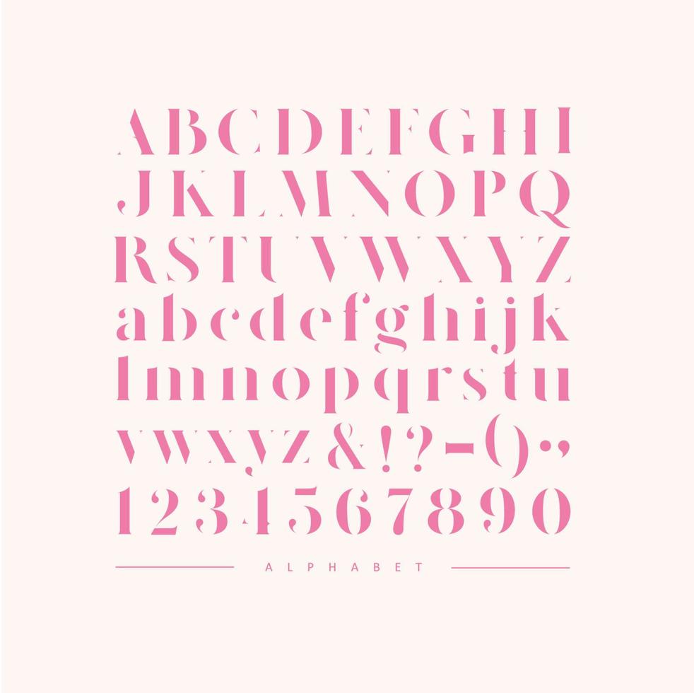 Poster stylish english alphabet. Uppercase, lowercase letters and numbers drawing in pink color vector