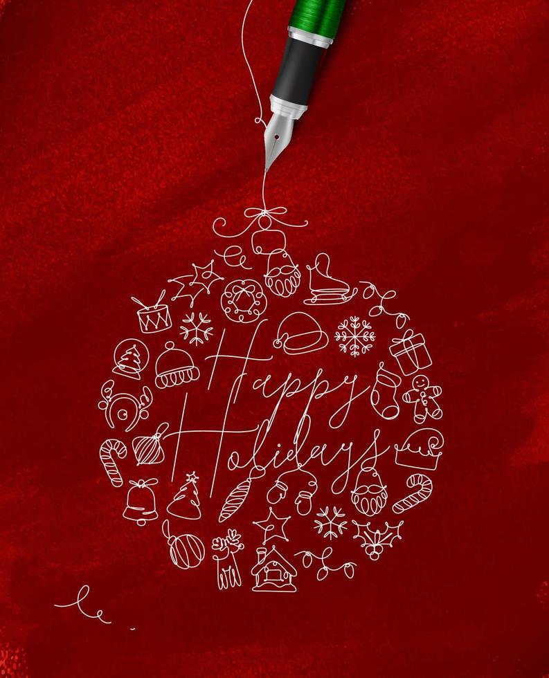 Christmas tree toy ball lettering happy holidays drawing with pen line on red background vector