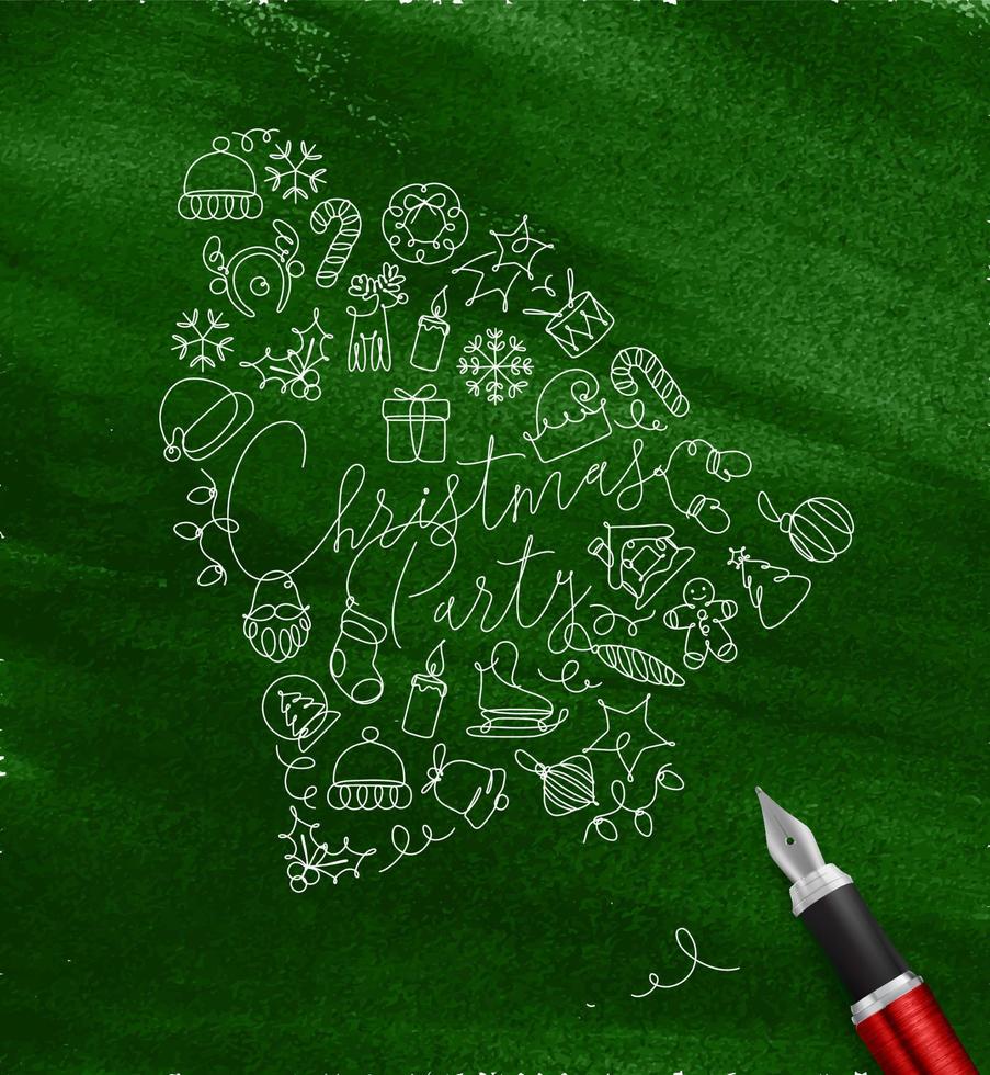 Toy bell lettering christmas party drawing pen line on green background vector