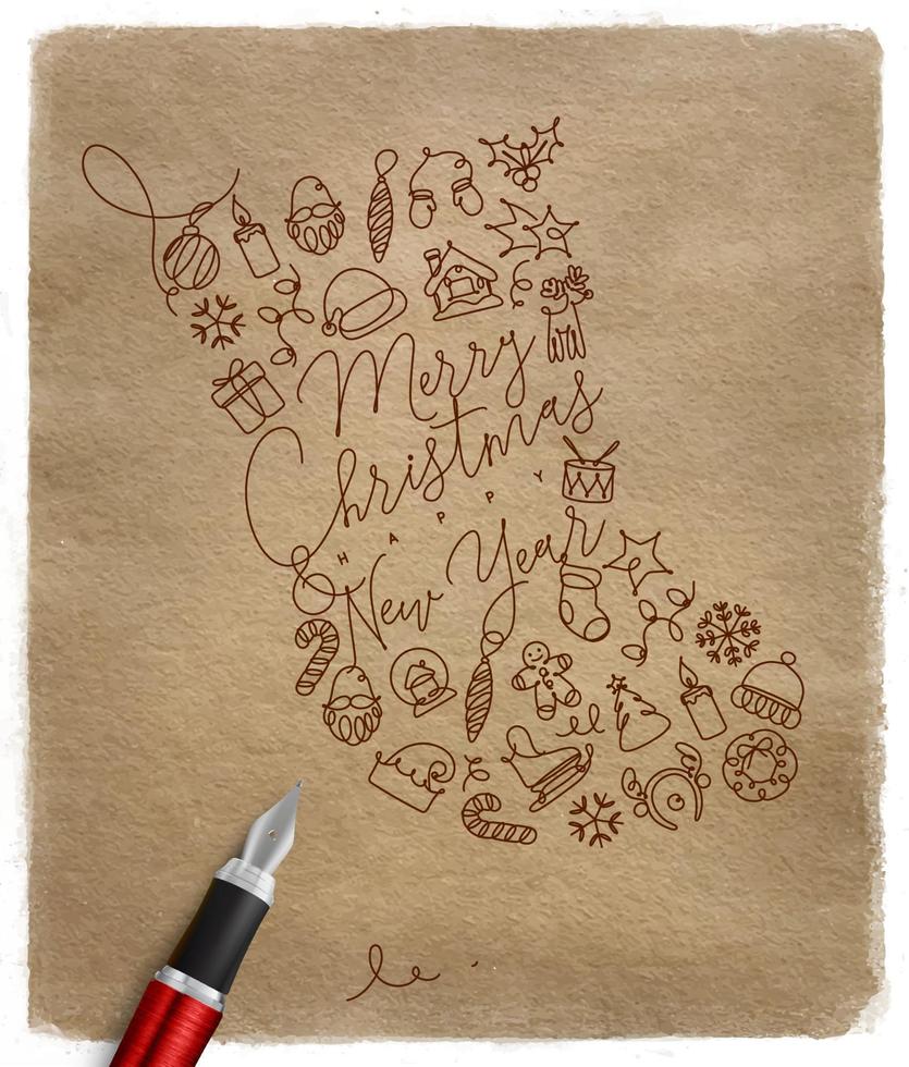 Toy socks lettering merry christmas and happy new year drawing with pen line on craft background vector