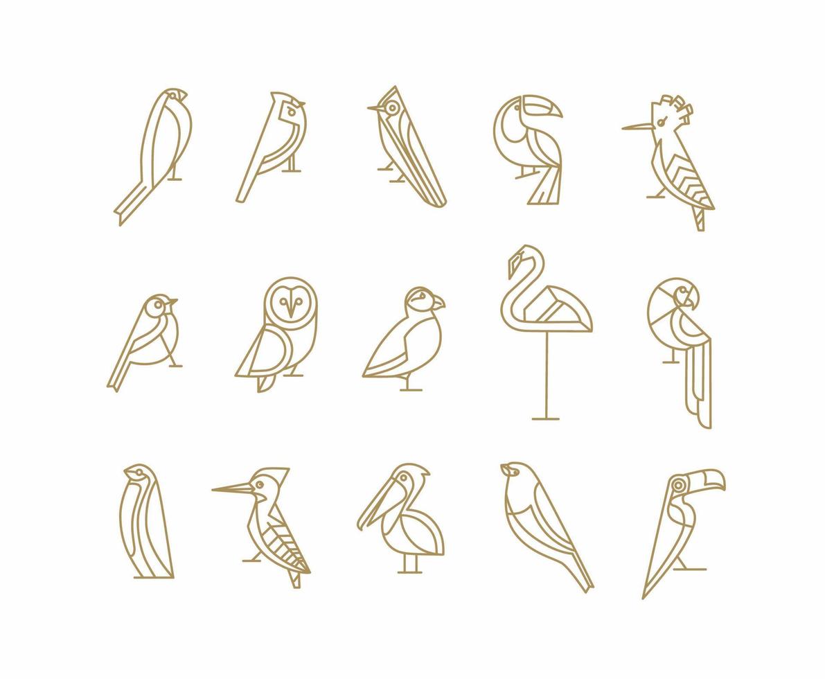 Set of bird icons in vintage art deco flat graphic style drawing on white background vector