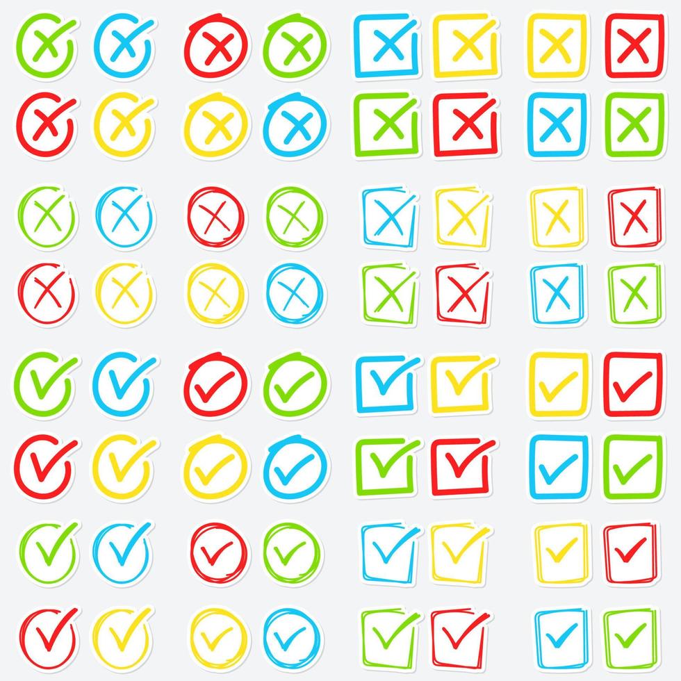 Set of hand drawn Cross Mark and Check Mark vector