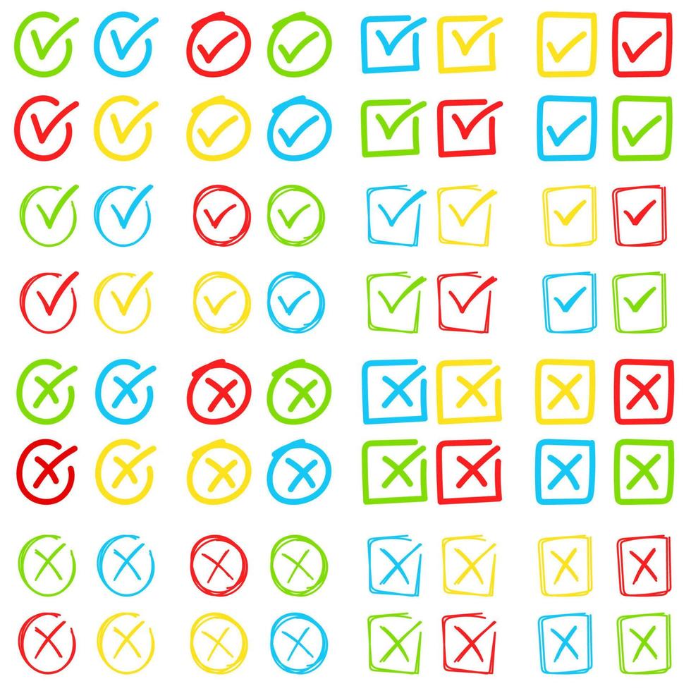 Set of hand drawn Cross Mark and Check Mark vector