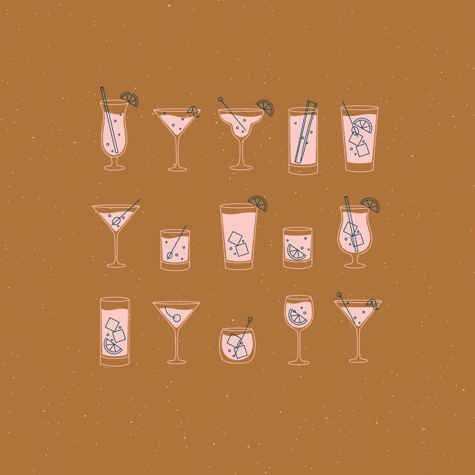 alcohol bebidas y cócteles icono conjunto en plano línea estilo en mostaza antecedentes. vector