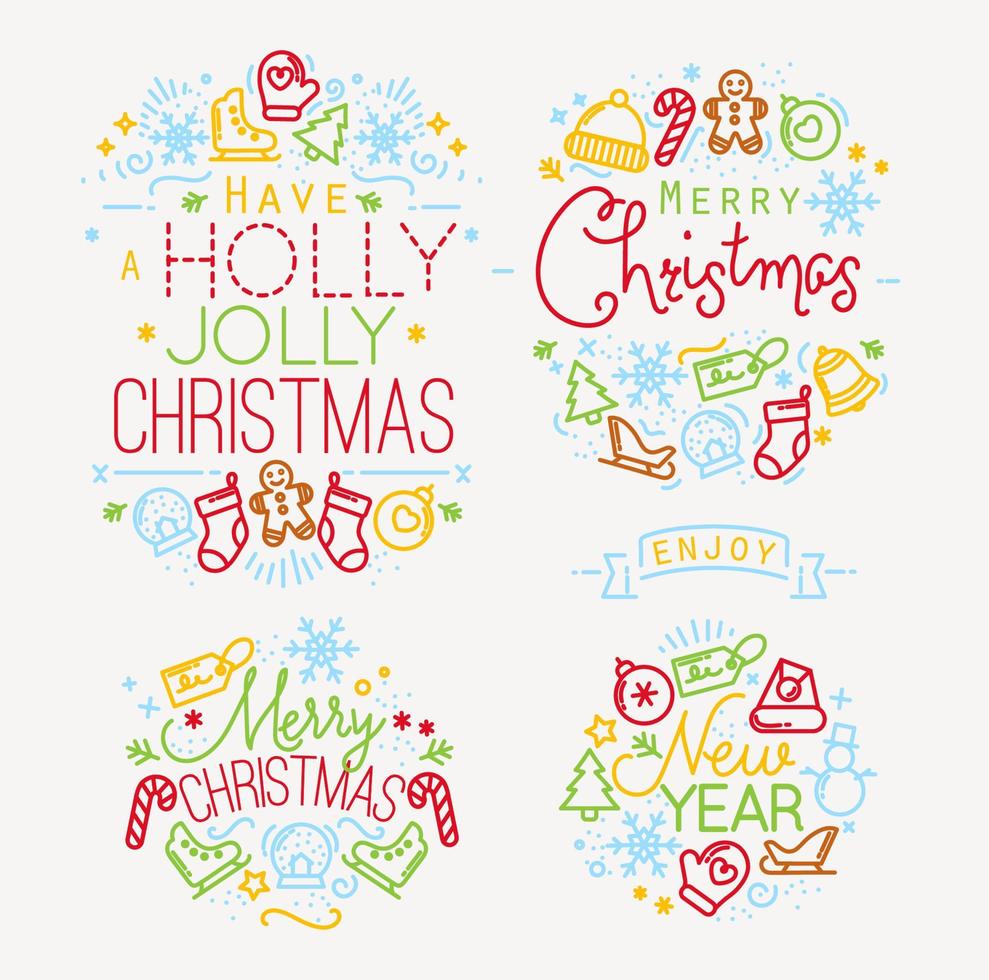 Christmas decorative elements for winter holidays in flat style, drawing by color lines vector