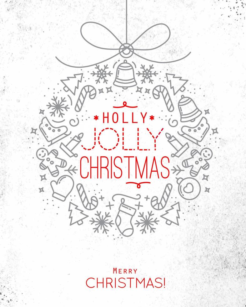 plano Navidad árbol juguete tarjeta letras acebo alegre Navidad dibujo con Delgado gris y rojo líneas en sucio papel vector