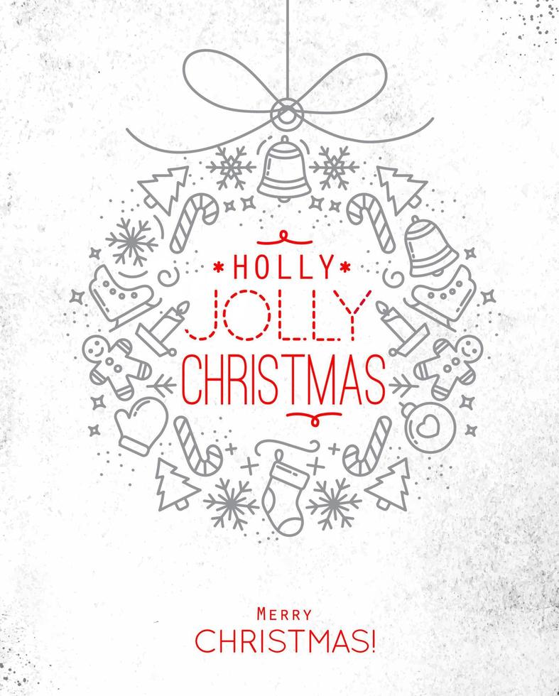 Flat Christmas tree toy card lettering holly jolly Christmas drawing with thin grey and red lines on dirty paper vector