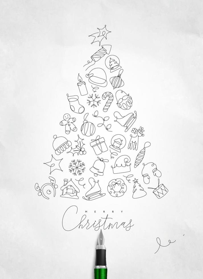 Christmas toy tree drawing with pen line on crumpled paper background vector