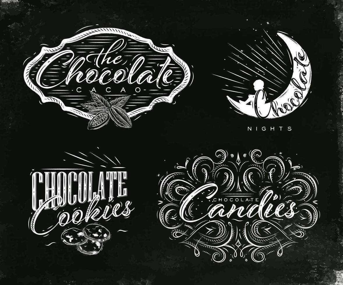 Set chocolate labels in vintage style lettering the chocolate cacao, choco night, cookies, candies drawing on black watercolor background vector