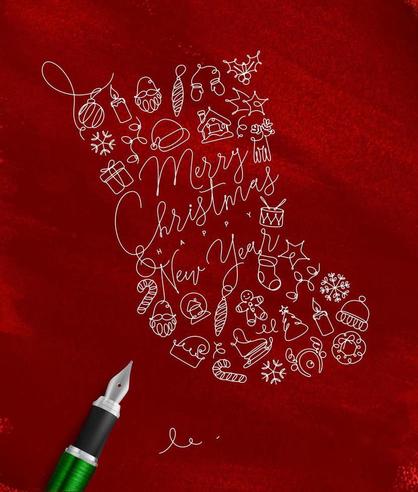 Toy socks lettering merry christmas and happy new year drawing with pen line on red background vector