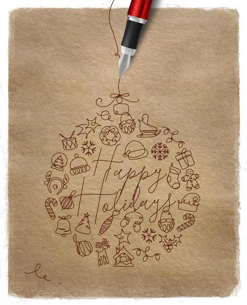 Christmas tree toy ball lettering happy holidays drawing with pen line on kraft paper background vector