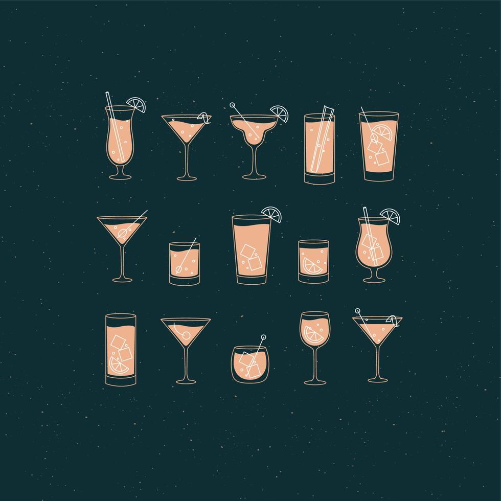 Alcohol drinks and cocktails icon set in flat line style on dark background. vector