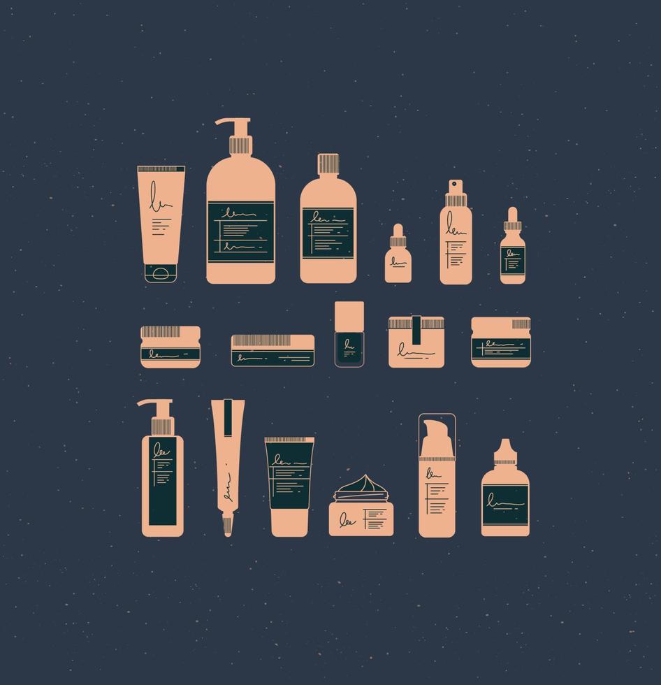 conjunto de cosmético botellas en gráfico estilo. muchos contenedores para belleza y Moda productos dibujo en azul antecedentes vector