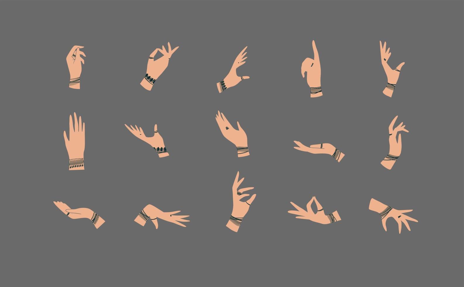 Hands with bracelets and rings in ethnical style in different positions to express feelings and emotions drawing on gray background vector