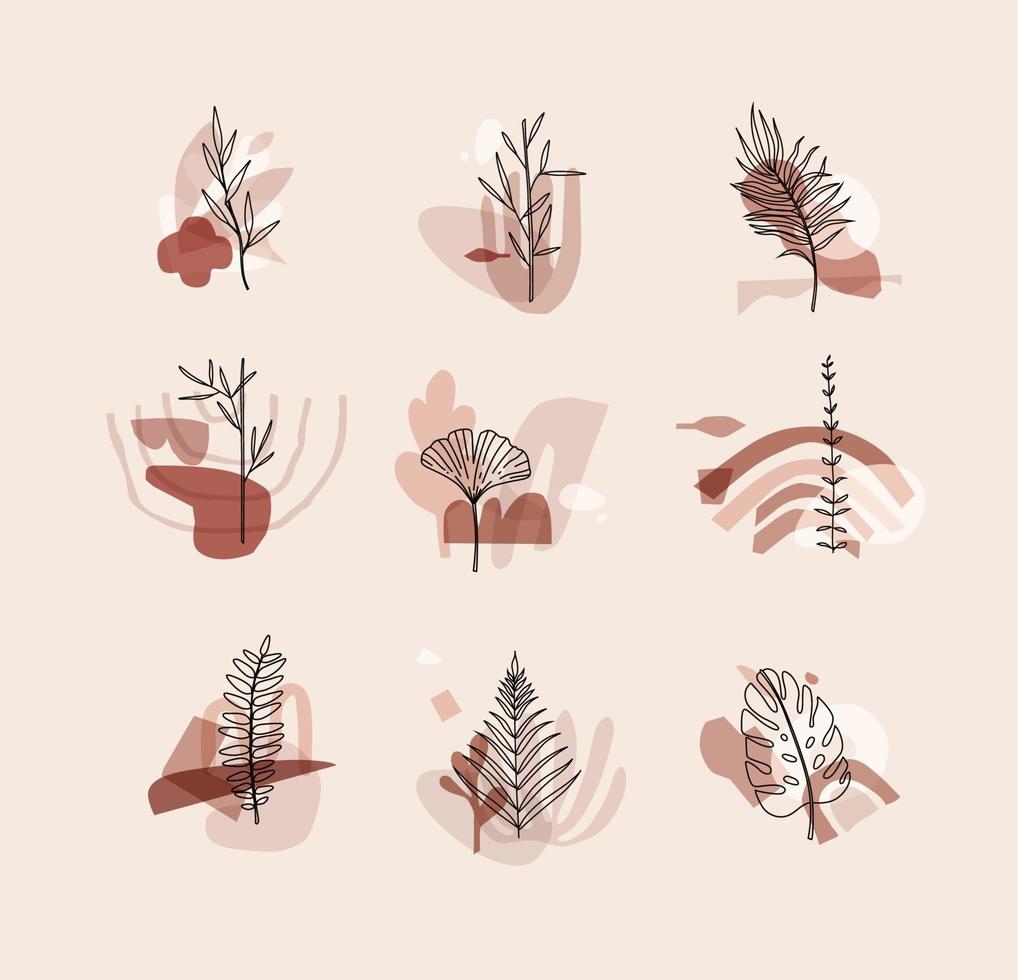 Set of different forms leaves in minimalism flat style on beige background vector