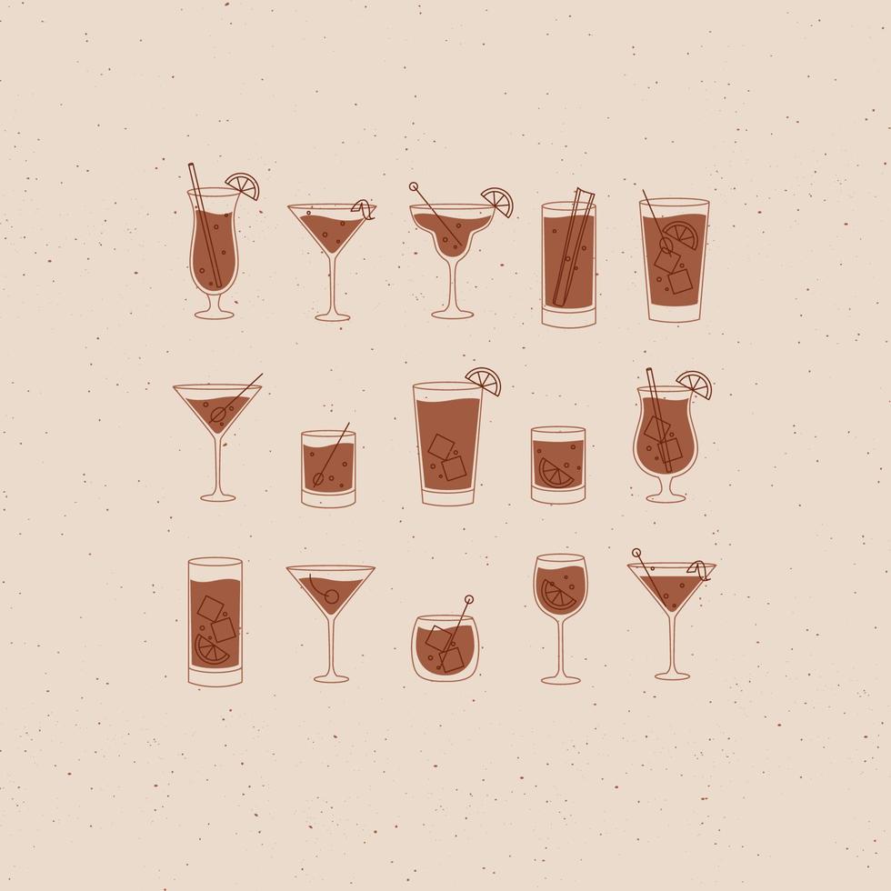 Alcohol drinks and cocktails icon set in flat line style on beige background. vector