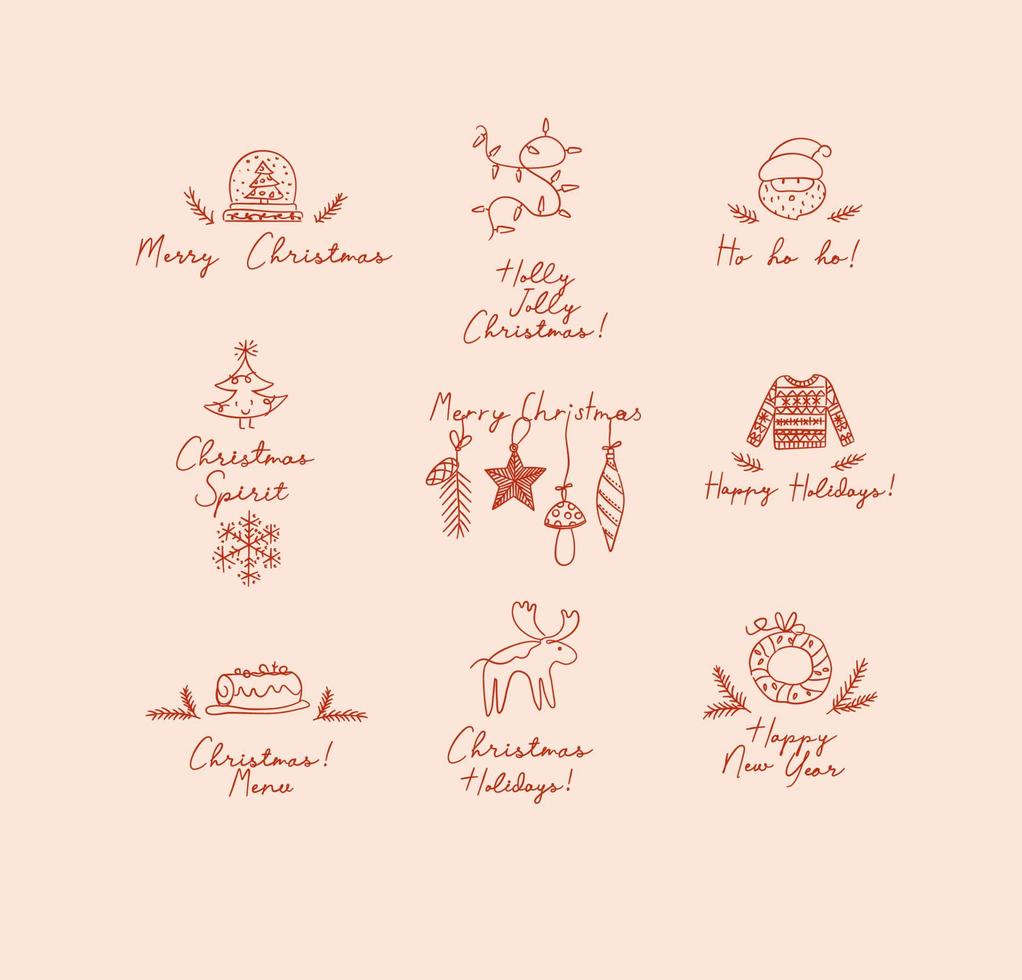 Christmas labels with lettering drawing in hand sketch style on peach background vector