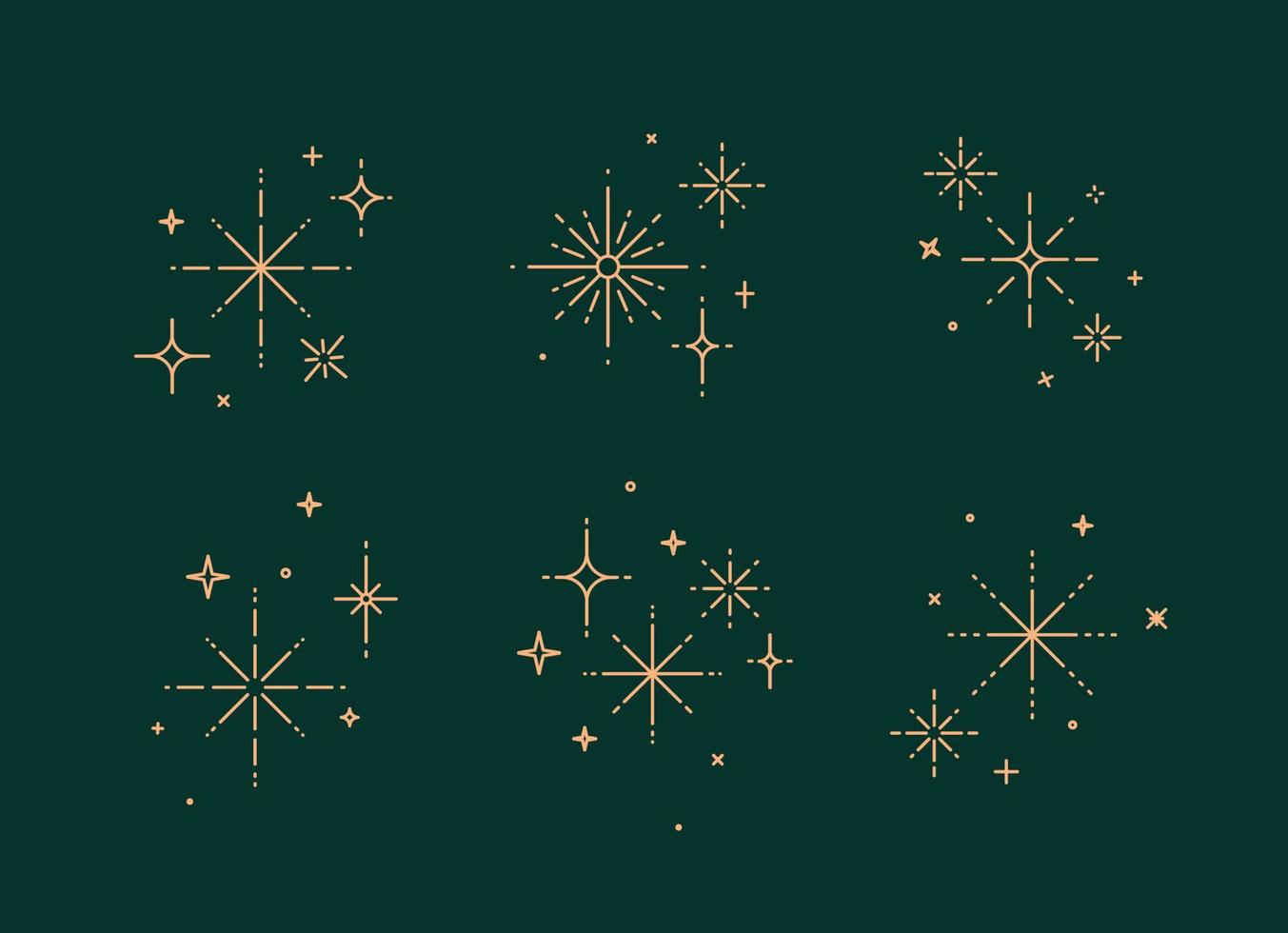 Clink splashes, stars, glowing in flat line art deco style drawing on green background vector