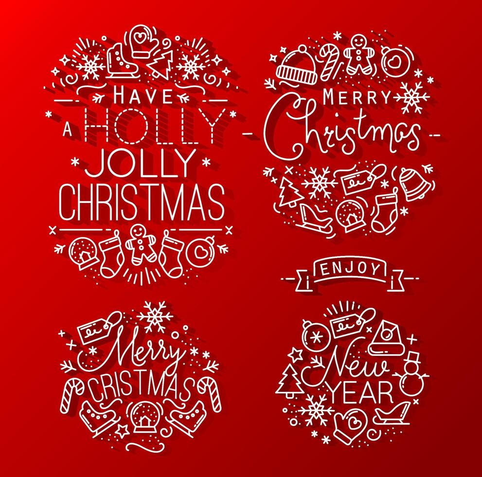 Christmas decorative elements for winter holidays in flat style, drawing with grey lines on red background vector