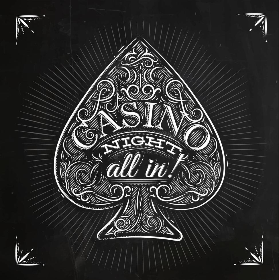 Sign spades in vintage style lettering casino night all in drawing with chalk on the blackboard vector