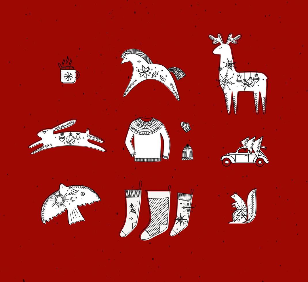 Merry christmas symbols cup, horse, deer, rabbit, hat, glove, pullover, car, tree, bird, squirrel, socks drawing in graphic style on red background vector