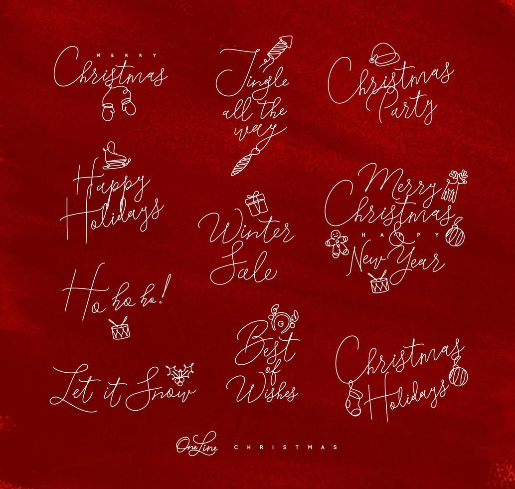 Christmas pen line lettering for winter holidays drawing on red background vector